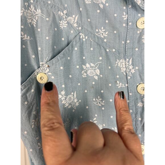 VTG 90s Dreams Floral Romper Elastic Waist Button Chambray Cottagecore Petite LG - Picture 3 of 9